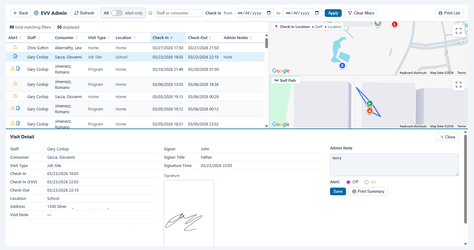 CT Agency Suite CT EVV admin with visit list, alert filters, GPS map, staff path, signature capture, and admin notes